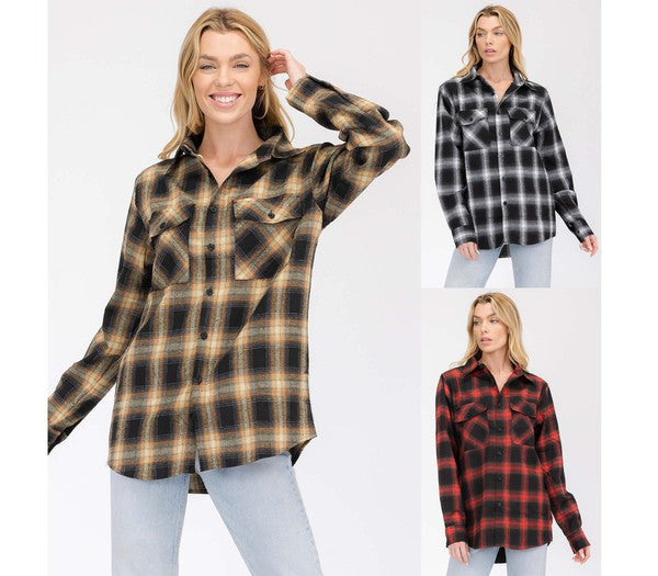 Women's Boyfriend Fit Checker Plaid Flannel Long Sleeve Shirt