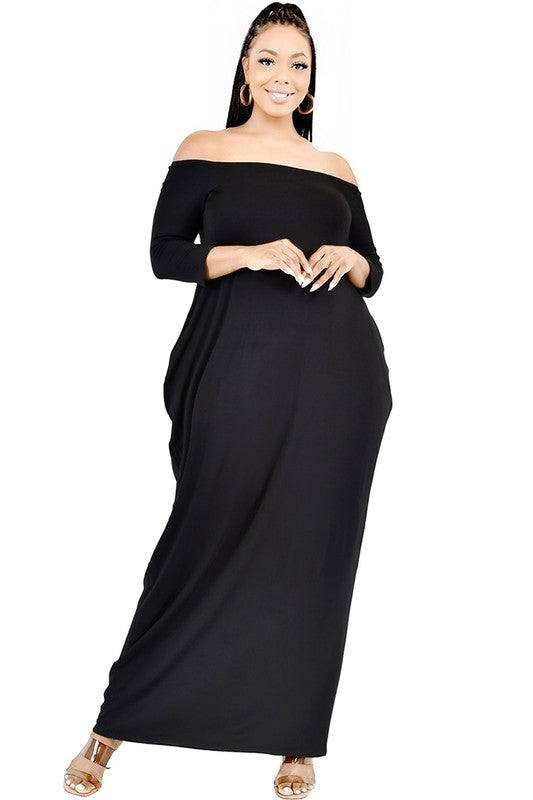 PLUS 3/4 SLEEVE SOLID OFF SHOULDER MAXI DRESS