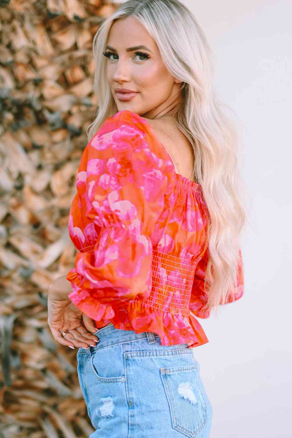 Ruffle Trim Flounce Sleeve Smocked Blouse