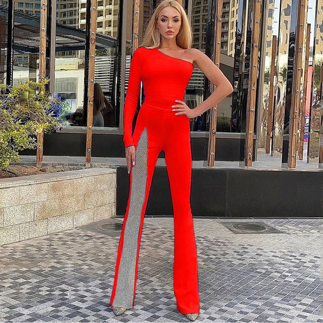 One Shoulder Long Sleeve Bandage Jumpsuit