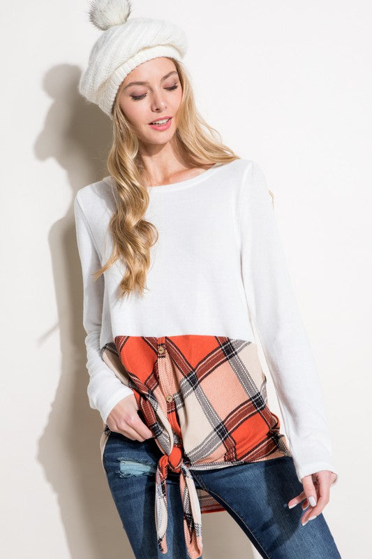 PLAID MIXED BUTTON FRONT TOP