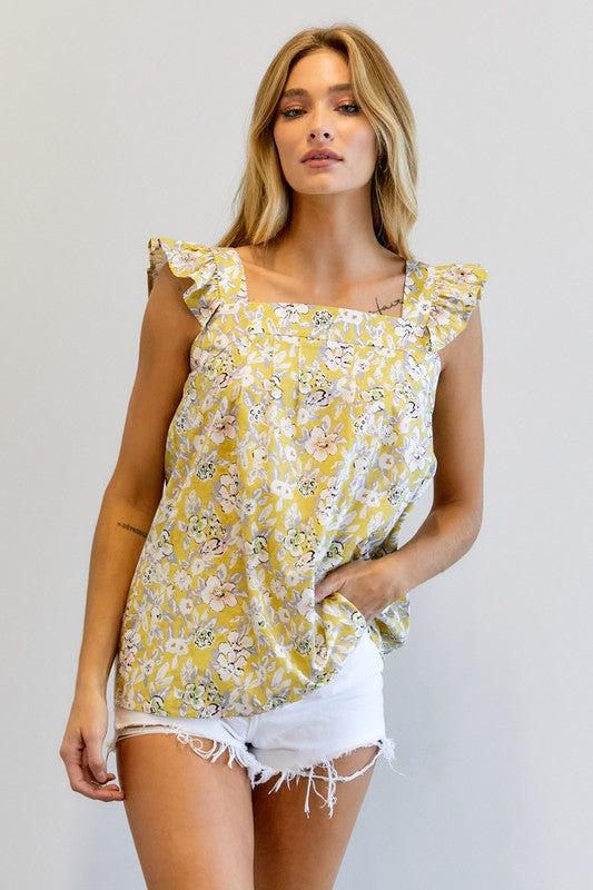 FLORAL PRINTED RUFFLE SLEEVELESS TOP