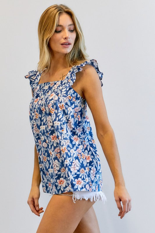 FLORAL PRINTED RUFFLE SLEEVELESS TOP