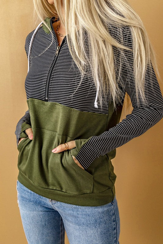 Women Half Zip Stripes Patchwork Hoodie