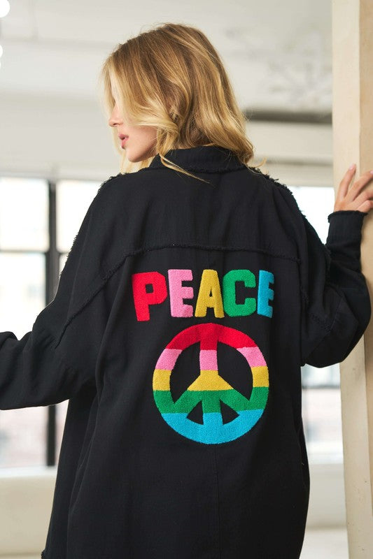 MULTI COLOR LETTERING PEACE SYMBOL BUTTON UP SHIRT