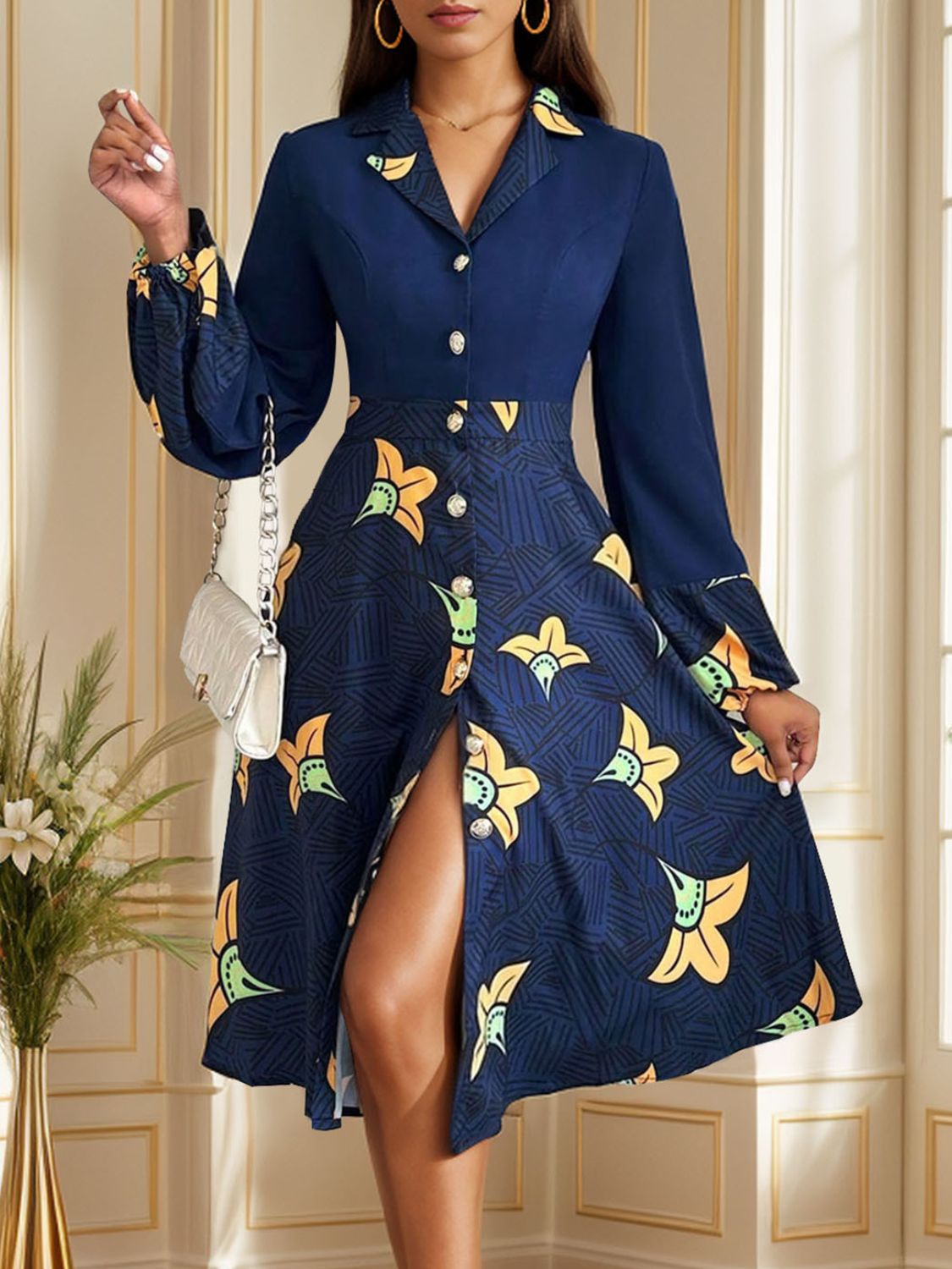 Perfee Printed Collared Neck Long Sleeve Dress