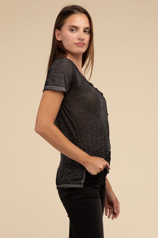 Washed Melange Burnout Scoop V-Neck Top