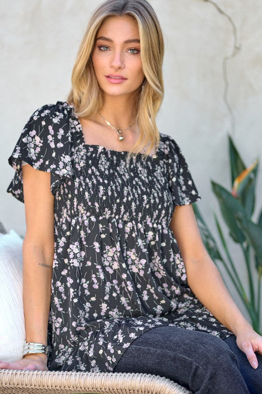 FLORAL PRINTED V NECK RUFFLE TOP