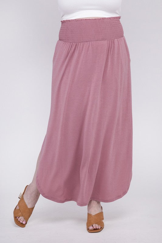 PLUS SMOCKED WAIST SIDE SLIT MAXI SKIRT