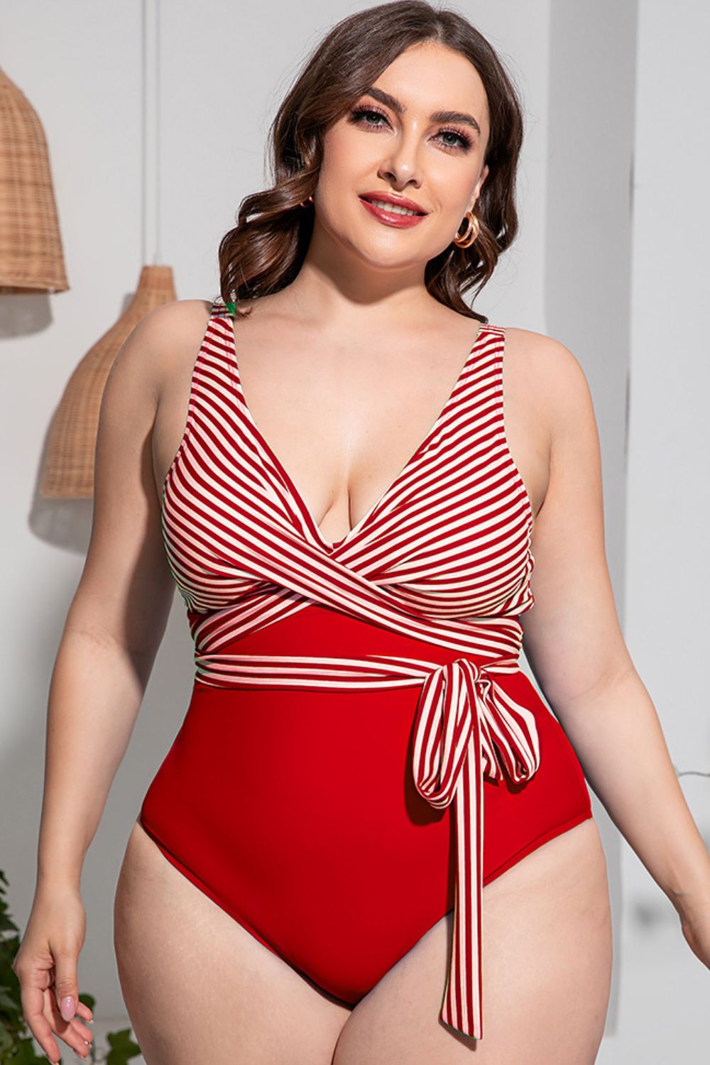 Plus Size Striped Tie-Waist One-Piece Swimsuit