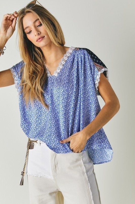 PRINTED LACE V NECK SHORT SLEEVE LOOSE TOP