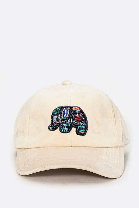 Beaded Elephant Embellished Plush Velour Cap