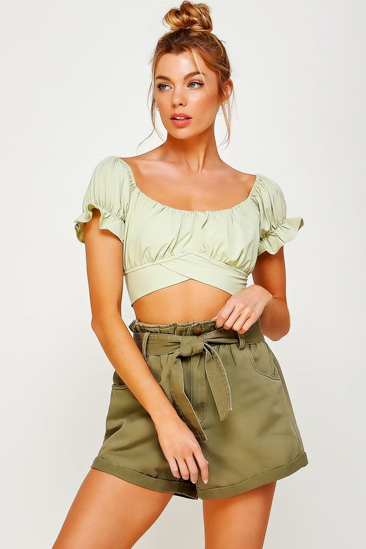 OFF SHOULDER PLEATED CROP TOP WITH BACK RIBBON TIE