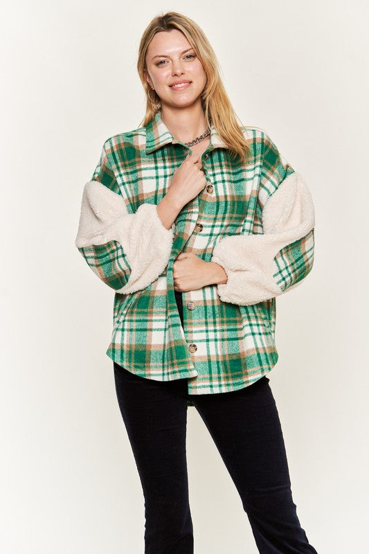 Multi plaid fuzzy sleeve jacket JJO1023