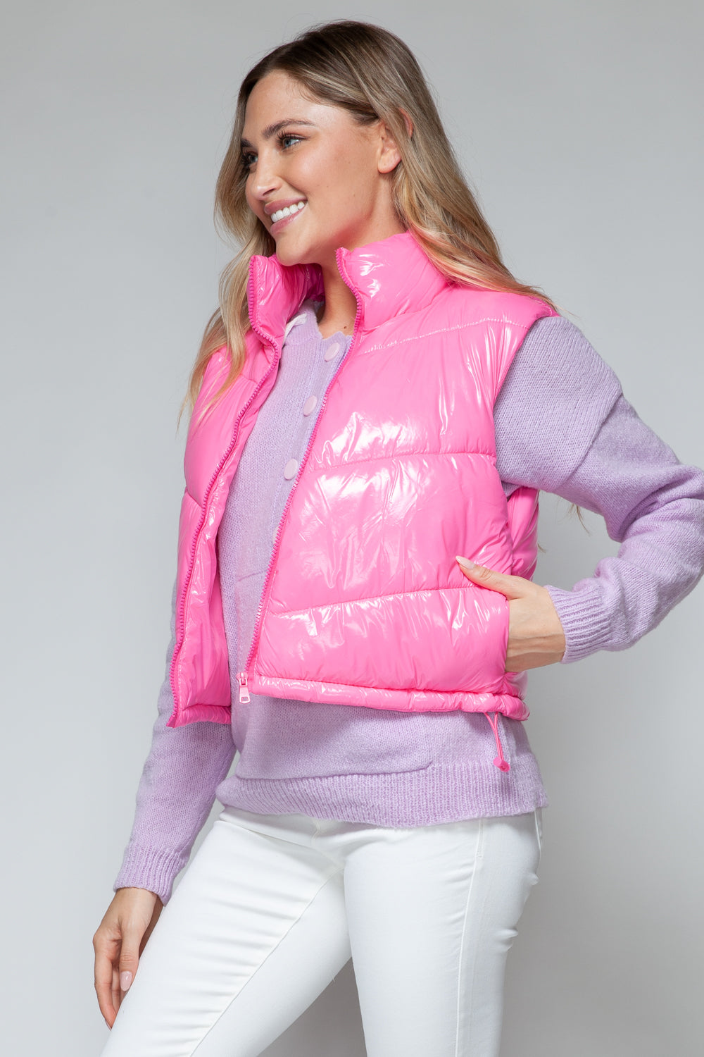 Snobbish Zip Up Turtleneck Shiny Quilted Vest