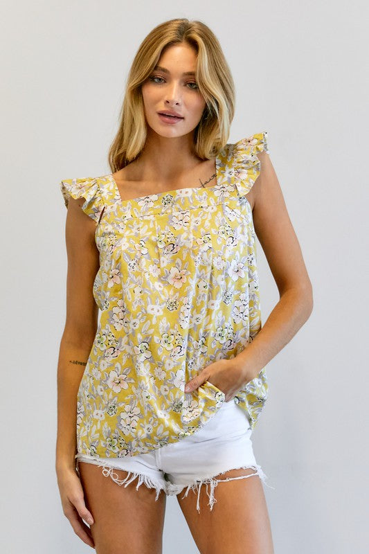 FLORAL PRINTED RUFFLE SLEEVELESS TOP