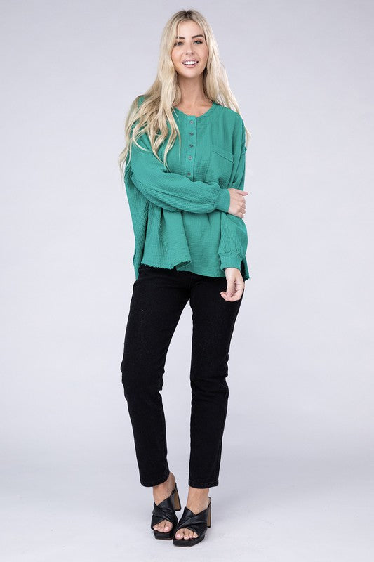 Double Gauze Oversized 3/4 Button Henley Neck Top