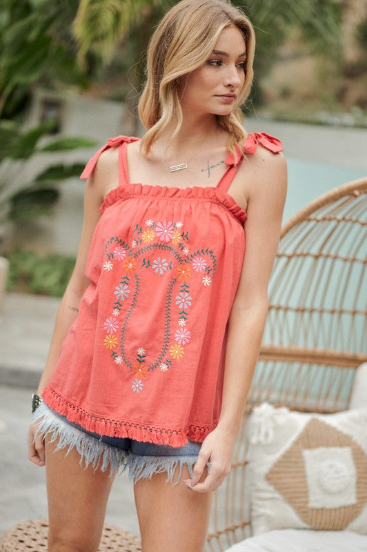 EMBROIDERED SLEEVELESS RUFFLE TANK TOP