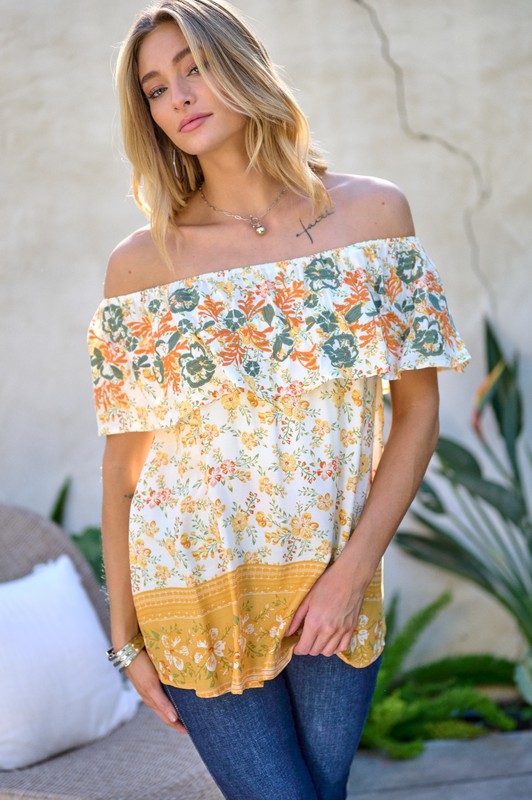 PRINTED OFF SHOULDER SMOCKED TOP