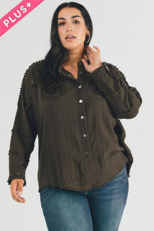 PLUS Distressed hem button down oversize shirt