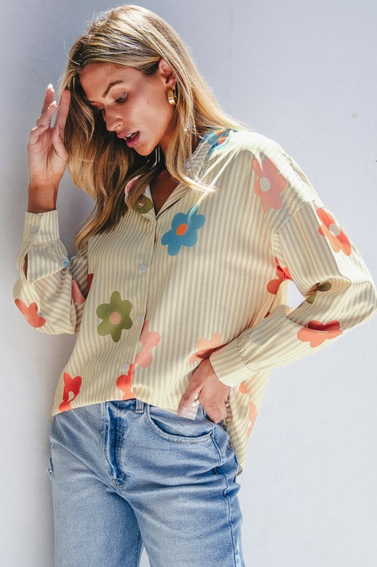 Flower Print Collared Button-up Loose Fit Blouse