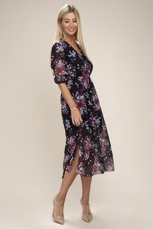 Floral Print  V Neck Midi Dress