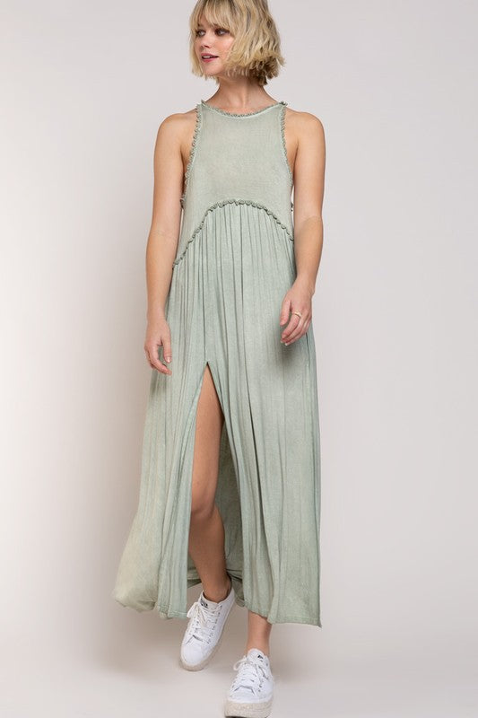 Stone Washed Side Slit Cut Out Maxi Dress