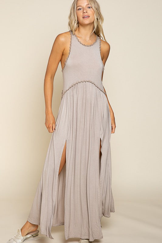 Stone Washed Side Slit Cut Out Maxi Dress