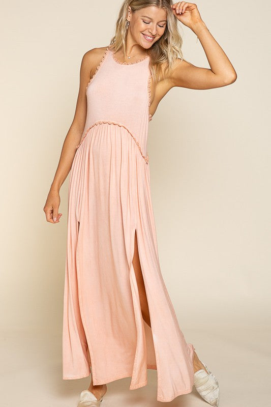 Stone Washed Side Slit Cut Out Maxi Dress