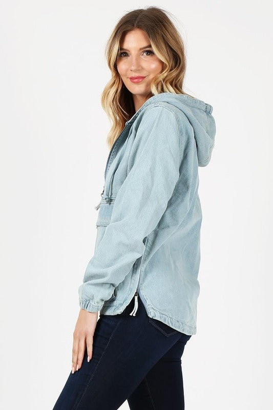 PLUS SIZE DENIM HOODIE HALF ZIPPER CLOSER