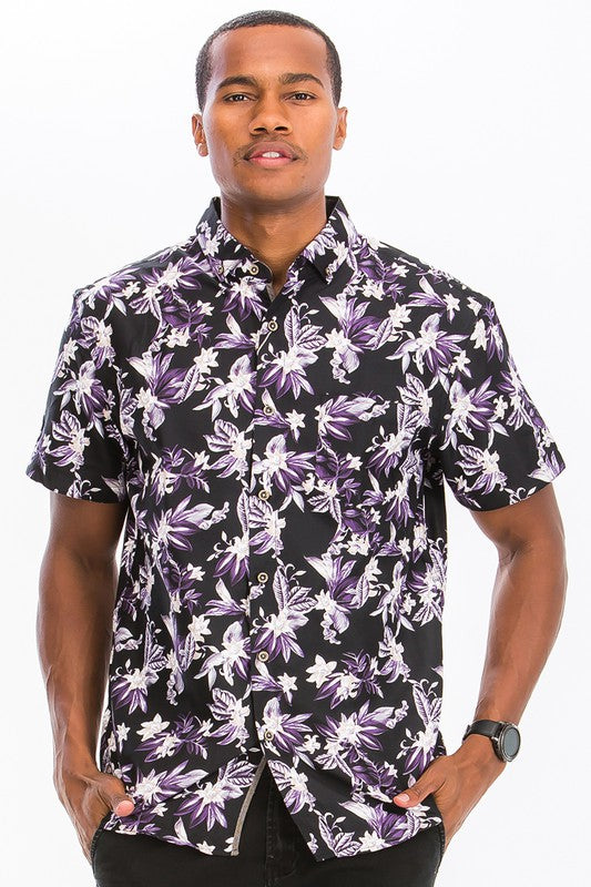 Mens Hawaiian Print Button Down Shirt