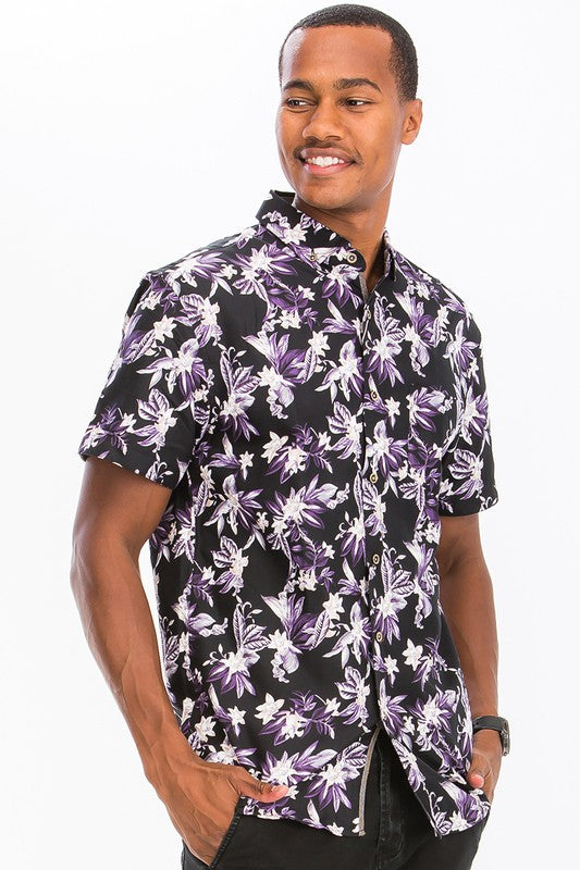 Mens Hawaiian Print Button Down Shirt