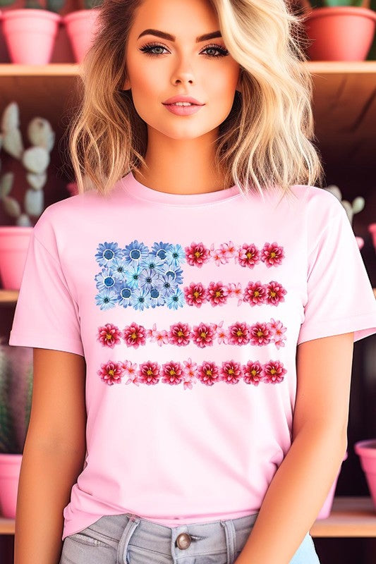 Flower USA Flag Graphic T Shirts