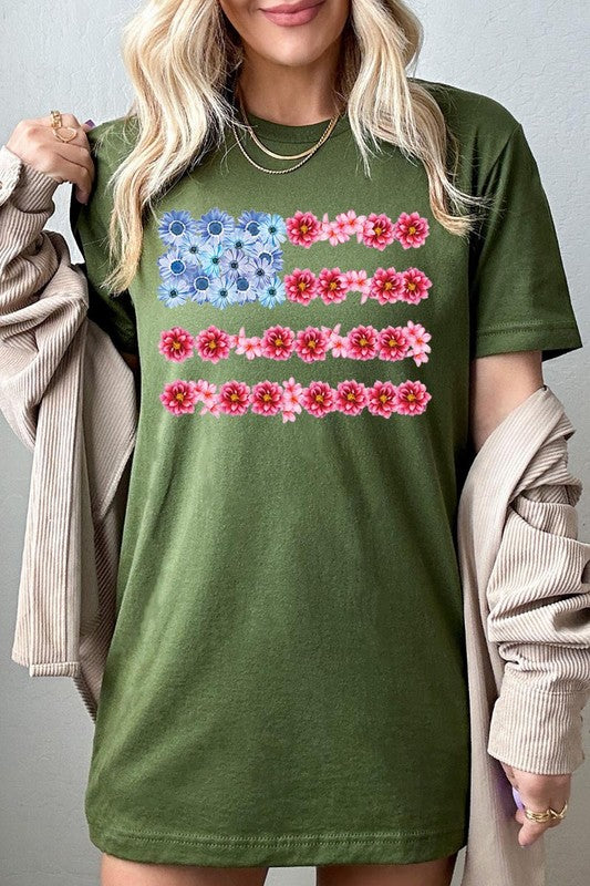 Flower USA Flag Graphic T Shirts