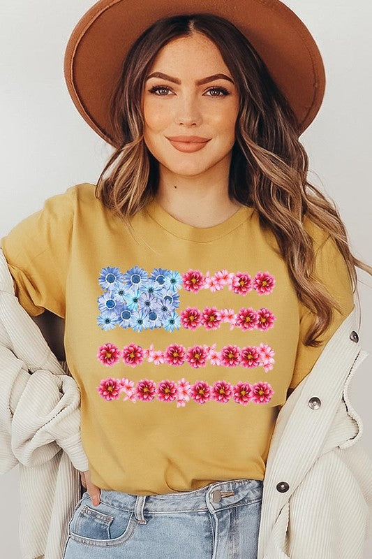 Flower USA Flag Graphic T Shirts