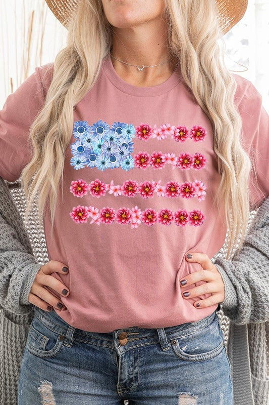 Flower USA Flag Graphic T Shirts