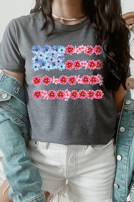 Flower USA Flag Graphic T Shirts