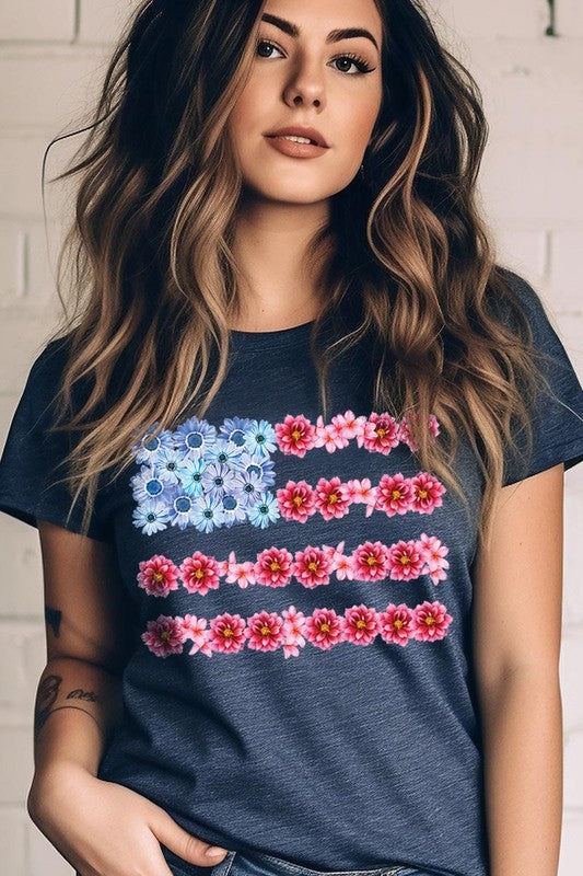 Flower USA Flag Graphic T Shirts