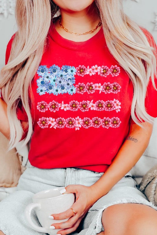 Flower USA Flag Graphic T Shirts