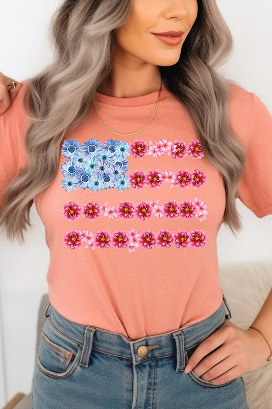 Flower USA Flag Graphic T Shirts