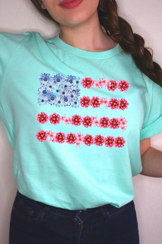 Flower USA Flag Graphic T Shirts