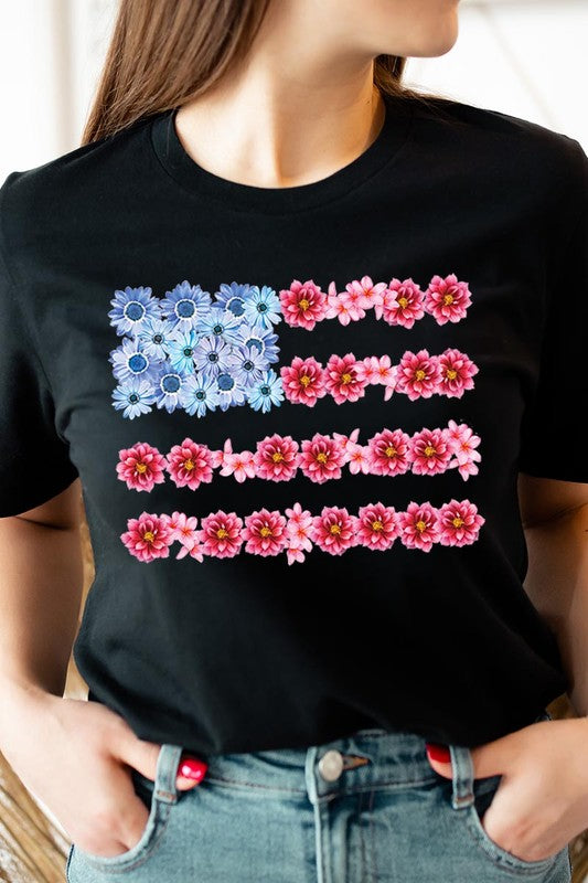 Flower USA Flag Graphic T Shirts