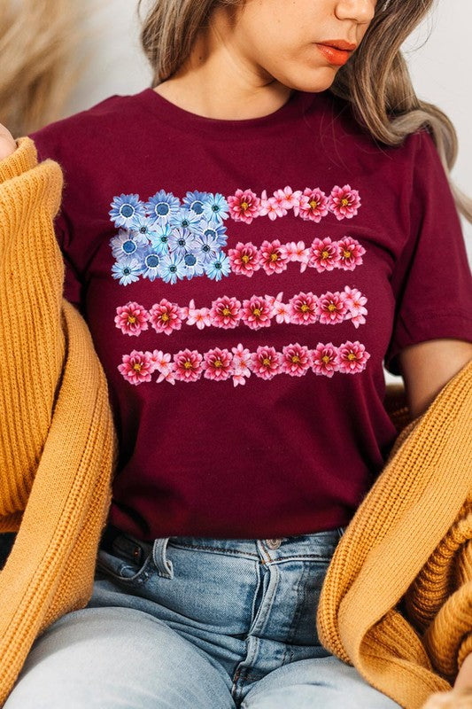 Flower USA Flag Graphic T Shirts