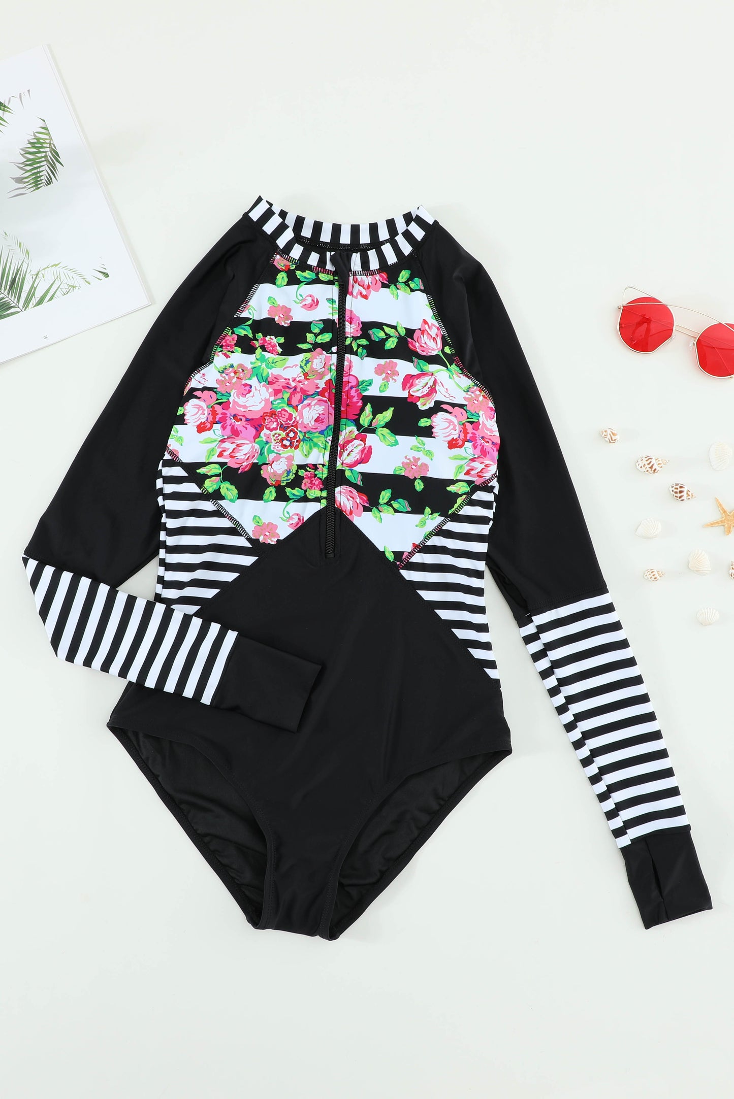 Floral Striped Patchwork Rashguard One-piece