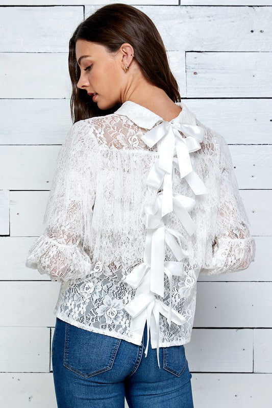 Ruffled Lace Blouse with Bowknot Detail