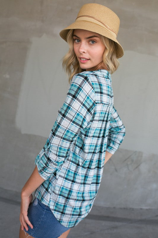 PLAID SPLIT NECK ROLL TAP LONG SLEEVE HIGH LOW TOP