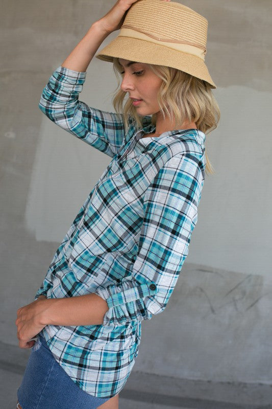 PLAID SPLIT NECK ROLL TAP LONG SLEEVE HIGH LOW TOP