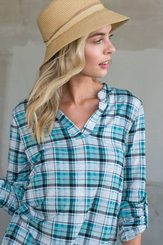 PLAID SPLIT NECK ROLL TAP LONG SLEEVE HIGH LOW TOP