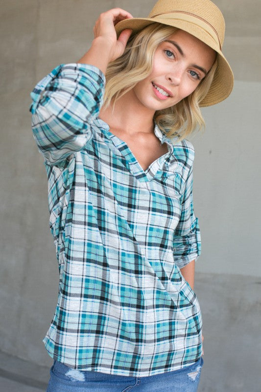 PLAID SPLIT NECK ROLL TAP LONG SLEEVE HIGH LOW TOP