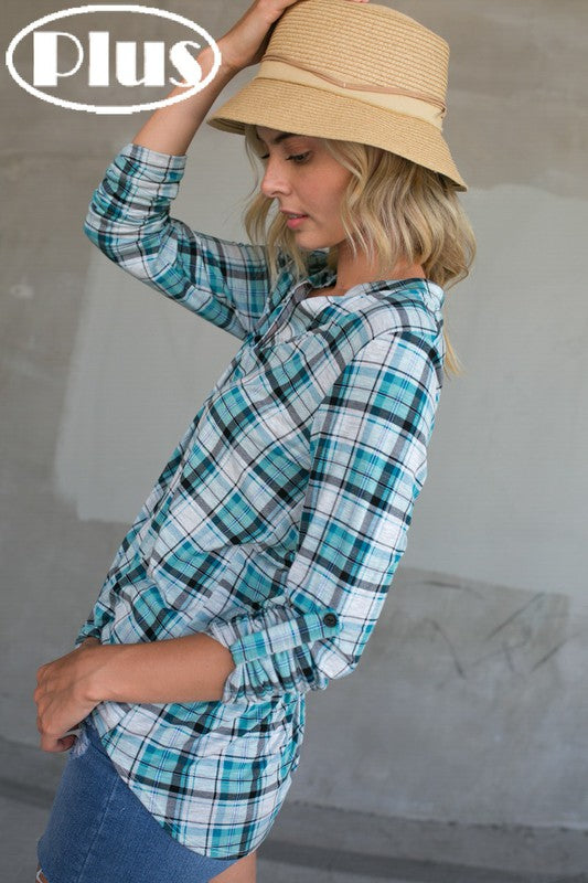 PLAID SPLIT NECK ROLL TAP SLEEVE HIGH LOW PLUS TOP